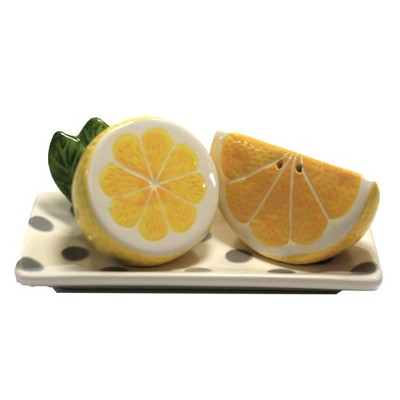 Tabletop 2.25" Lemon Salt & Pepper W/Tray Set Summer Citrus Picnic Transpac  -  Salt And Pepper Shakers