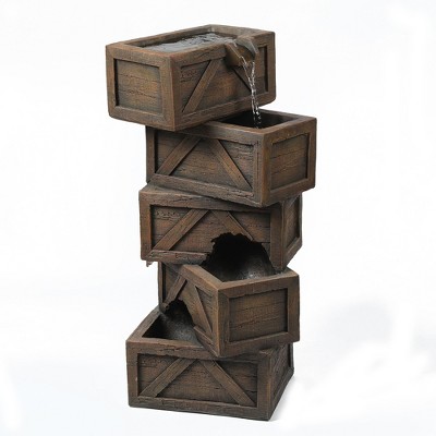 LuxenHome Brown Cement Tiered Crates Patio Fountain, Rustic Outdoor Water Feature for Gardens & Yards