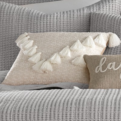 Taupe Cream Embroidered Tassel Decorative Pillow 14x18