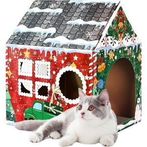Christmas Cardboard Cat House with Scratcher 16.5"x 13"x19" Christmas Cat Scratcher House for Indoor Cats’ Birthday - 1 of 4