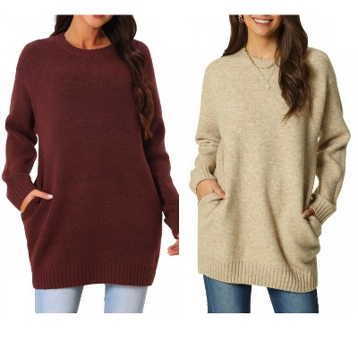 INSPIRE CHIC Women's Fall Winter Round Neck Long Sleeve Casual Tunic Sweater with Pockets 2 Packs
