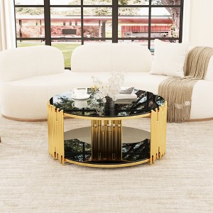 MAYEERTY Modern Minimalist Stainless Steel Round Coffee Table, Black Tempered Glass Countertop, Living Room - 1 of 4