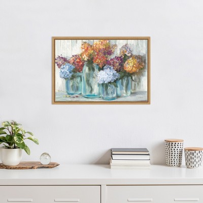 Hydrangeas in Glass Jars Framed Canvas Wall Art, 16" x 23"