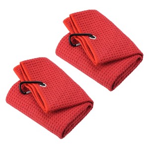 Unique Bargains Super Absorbent Waffle Pattern Tri-Fold Golf Towels with D Clips 2 Pcs - 1 of 4