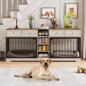 82" Dog Crate Furniture for 2 Dogs, Chew-Resistant Dog Kennel with 4 Drawers & Open Shelves, Decorative Dog Cage TV Stand, Indoor Pet Cage House - 1 of 4