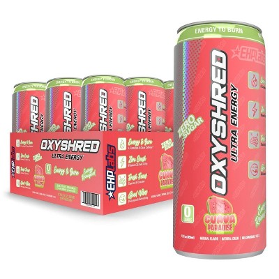 EHPlabs OxyShred Energy Drink - Zero Sugar, Zero Calories, with Amino Acids, Vitamin C, Green Tea Extract & Clean Caffeine - Guava (12-Pack)