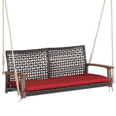 Tangkula 2-Seat Rattan Porch Swing Chair Outdoor Wicker Swing Bench W/ Seat Cushion