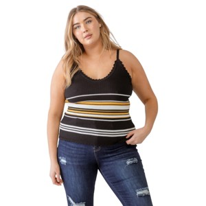 Slickblue Women's Plus Size Ruffle Strap Tank Top, Ribbed Knit, V-Neck Sleeveless, Black/Mustard, Size XL-3XL - 1 of 4