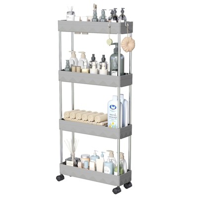 LunaLulinlk 4 Tier Slim Rolling Storage Cart, Slim Cart Kitchen Storage Organizer Rolling Utility/ Mobile Shelving Unit Slide Out Storage Cart, Grey