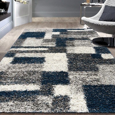 Navy and Gray Rectangular Synthetic Shag Area Rug 7'10" x 10'