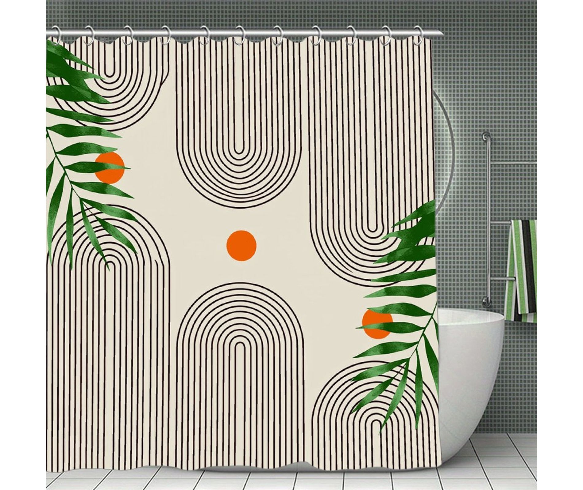 Boho Mid Century Modern Shower Curtain, Abstract Arch Leaf Minimalist Sun Beige Machine Washable Waterproof Fabric 70.8x70.8Inch