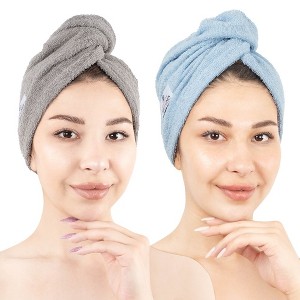 American Soft Linen 100% Cotton Hair Drying Towels for Women, 2 Pack Turkish Hair Towel Wrap, Head Towel Cap with Button, Hair Turban Towel - 1 of 4