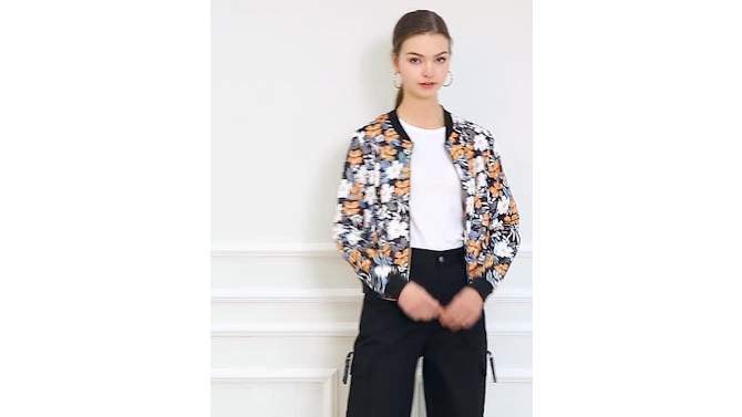 Allegra K Women's Stand Collar Floral Prints Zip Up Lightweight Short Jacket, 2 of 6, play video