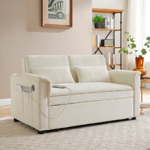 55" Velvet Two Seater Pull-Out Sofa Bed with USB Ports, Side Pockets, and 2 Waist Pillows for Living Room - 1 of 4