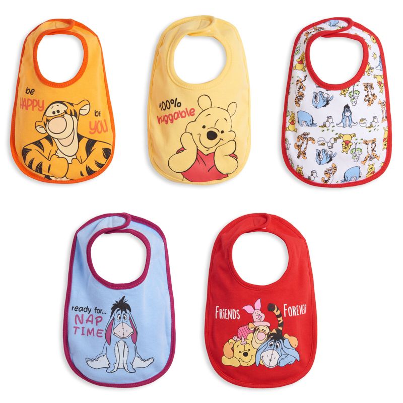 Disney Winnie the Pooh Tigger Eeyore Piglet Baby Boys 5 Pack Side Snap Bibs, 1 of 9