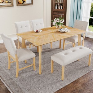 6 Piece Vintage Dining Table Set for 6, Farmhouse Dining Set with 4 Upholstered Dining Chairs & Bench, Natural Wood Wash/Gray - ModernLuxe - 1 of 4