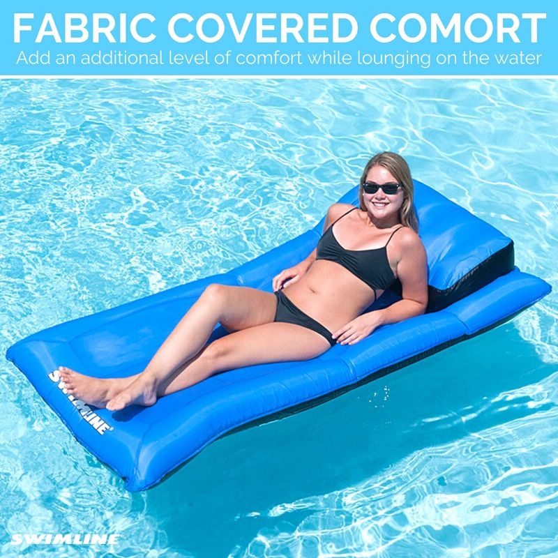 Swimline 9057 Oversized Fabric Covered 1 Person Swimming Pool Air Mattress Inflatable Floating Lounge Raft with Built-In Pillow, Blue, 3 of 7