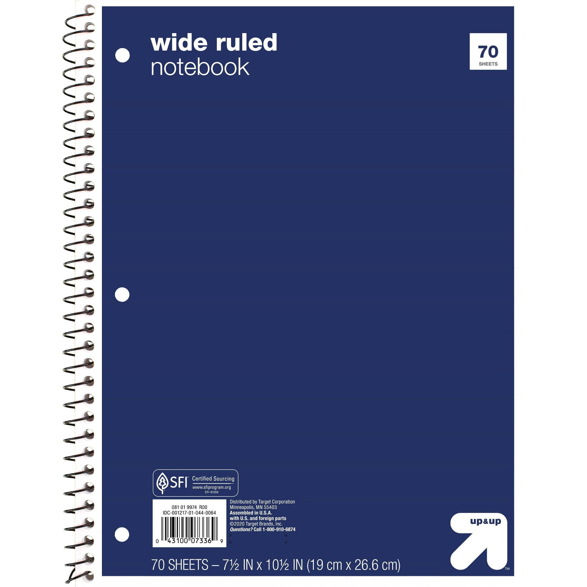 Wide Ruled Blue 1 Subject Flexible Paperboard Cover Spiral Notebook - up&up™: 3 Hole Punched, Perforated, 70 Pages