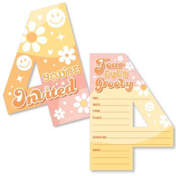 Big Dot of Happiness Four-Ever Groovy - Shaped Fill-In Invitations - Boho Hippie Fourth Birthday Party Invitation Cards with Envelopes - Set of 12