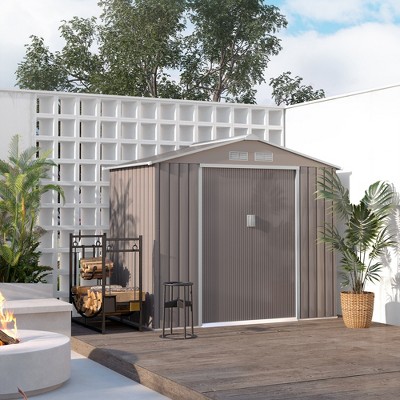 Gray Metal Outdoor Storage Shed with Vents and Sliding Doors