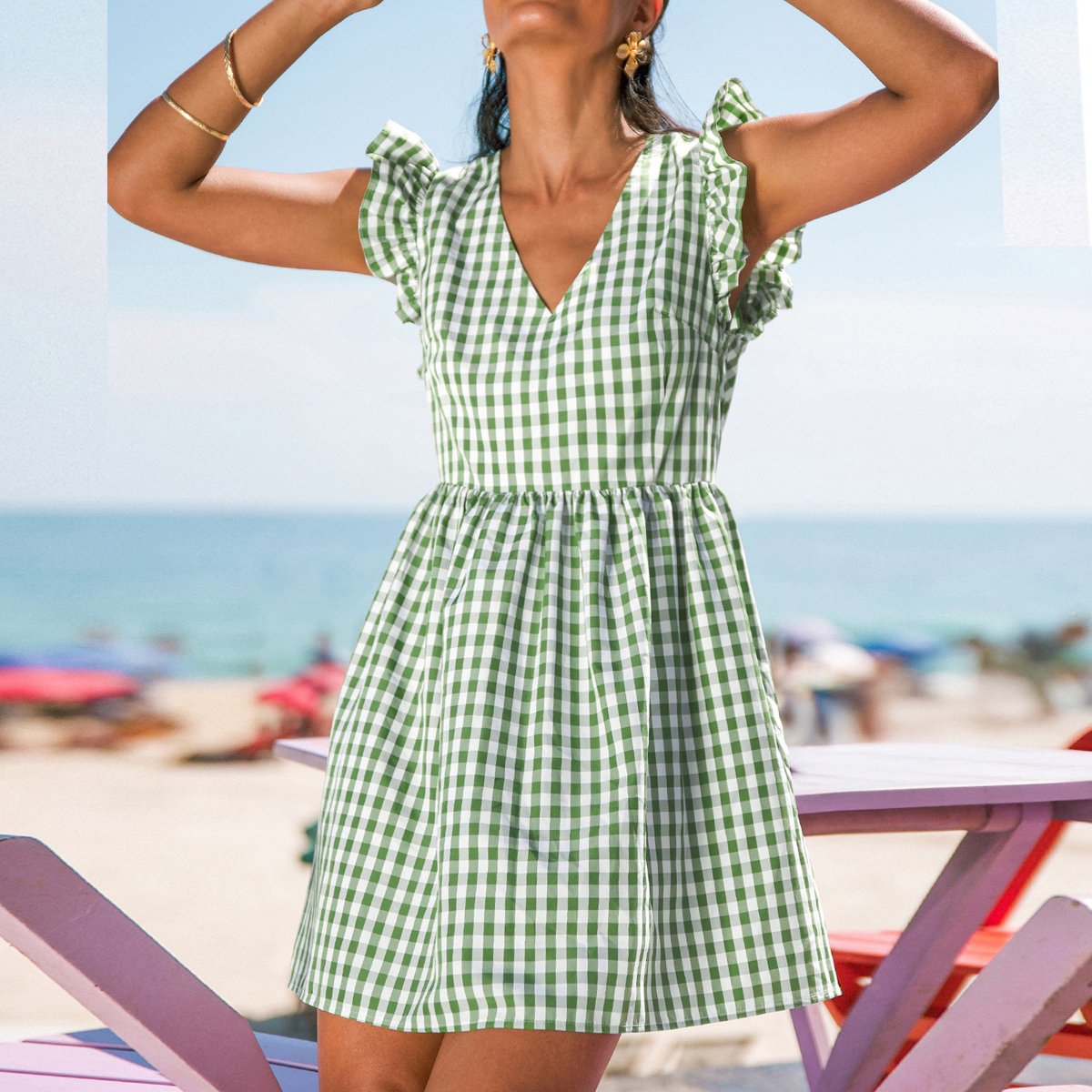 Женские платья Cupshe Women's Gingham Puff Sleeve Tie Back Dress-XL-Green — фото 5