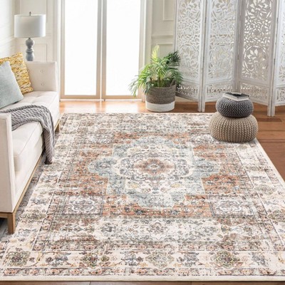 Washable Vintage Area Rug Medallion Distressed Rug Living Room Non-Slip Low Pile Bedroom Kitchen Home Office Carpet