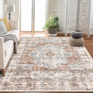 Washable Vintage Area Rug Medallion Distressed Rug Living Room Non-Slip Low Pile Bedroom Kitchen Home Office Carpet - 1 of 4