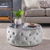 Upholstered Ottoman Round Coffee Table Cocktail Table Footrest Footstool with Button-Tufted Diamond Stitching, Beige/Dark Blue/Smoke Gray-Merax - 2 of 4
