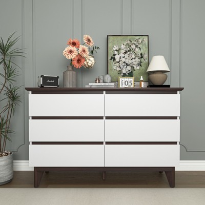 TIRAMISUBEST 51" Rattan Dresser with Drawers, 6 Drawer Dresser for Bedroom, Clothes Storage Cabinet for Bedroom, Metal Handle&Wood Legs for