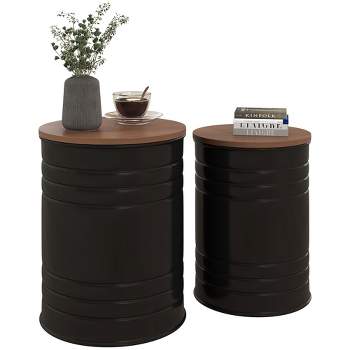HOMCOM Storage Side Table Set of 2, End Table with Removable Wood Lid, Metal Frame & Hidden Space, Farmhouse Stool for Living Room, Black