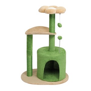 Gulches Green 33 inch Flower Cat Tree Small Cats Plush Condo Curved Perch Sisal Posts Pom Pom Dangling Ball 11 lbs Tower - 1 of 4