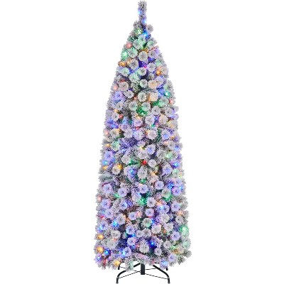Yaheetech 6Ft/7.5Ft Pre-lit Snow Flocked Christmas Tree with Colorful LED Lights