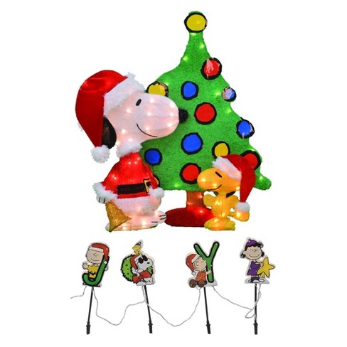 Productworks Peanuts 32 Inch Outdoor Indoor Pre Lit Snoopy And Woodstock And 8 Inch Pre Lit Christmas Joy Pathway Markers Yard Ornament Decorations Target