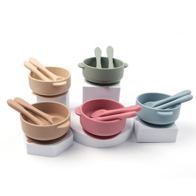 AOSTIRMOTOR Baby Feeding Set Food Grade Silicone Non Slip Bowl with Spoon and Fork BPA Free Microwave and Dishwasher Safe