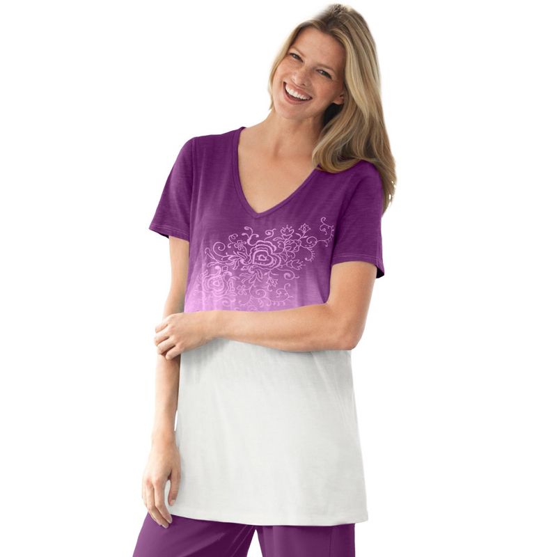 Woman Within Women's Plus Size Short-Sleeve V-Neck Embroidered Dip Dye Tunic, 1 of 2