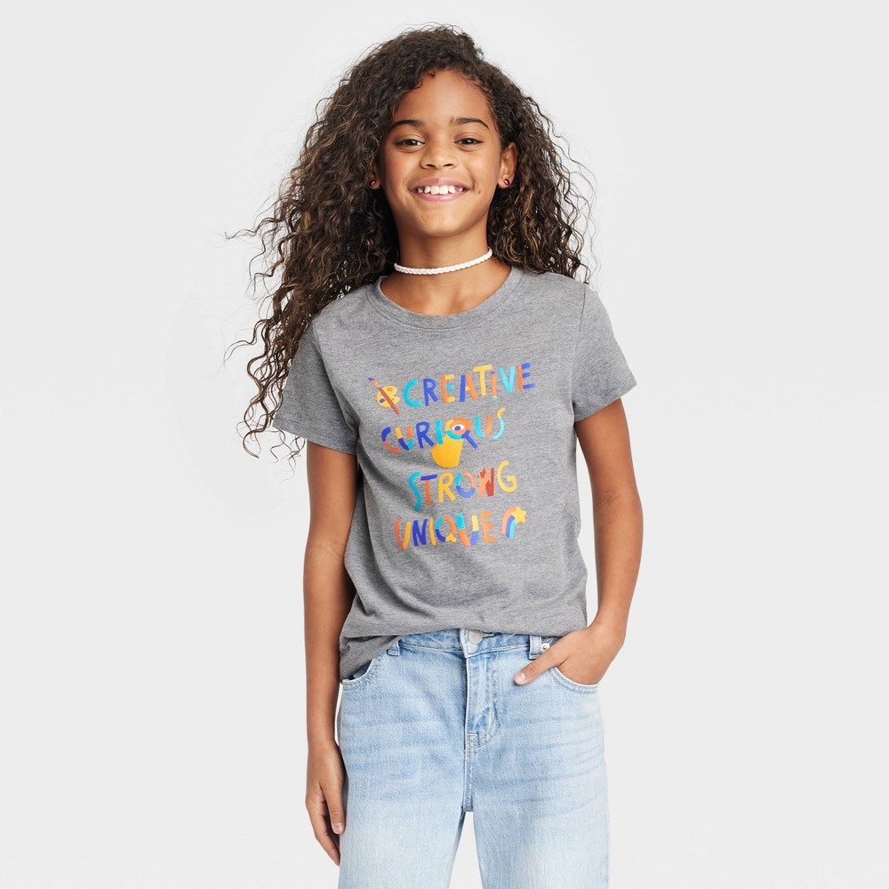 Girls' Short Sleeve 'Creative Curious Strong Unique' Graphic T-Shirt - Cat & Jack Charcoal Gray S