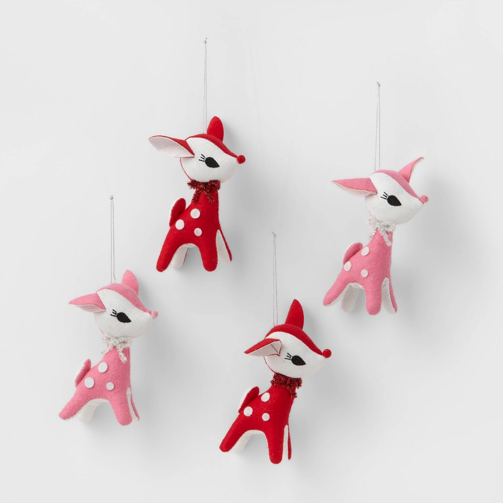 4ct Retro Deer Christmas Ornament Set Pink/Red - Wondershop