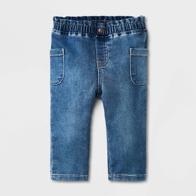 Image of Baby Girls' Paperbag Waist Denim Pants - Cat & Jack™ Light Wash 0-3M