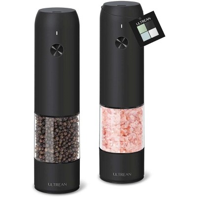Ultrean Pepper Grinder, Rechargeable Salt and Pepper Grinder with 6 Adjustable Coarseness, LED Light（Black 2 pcs）