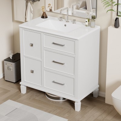 30 Inch Black Bathroom Vanity with Ceramic Sink, Modern Bathroom Sink Cabinet with Flip-Out Drawer Design