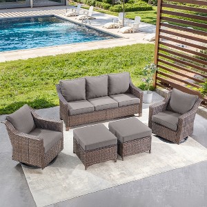 POCASSY 4 Pieces Rattan Patio Furniture Set, Patio Sofa Set with Patio Swivel Chair and Ottoman, Brown Wicker Furniture Ideas for Porch Deck - 1 of 4