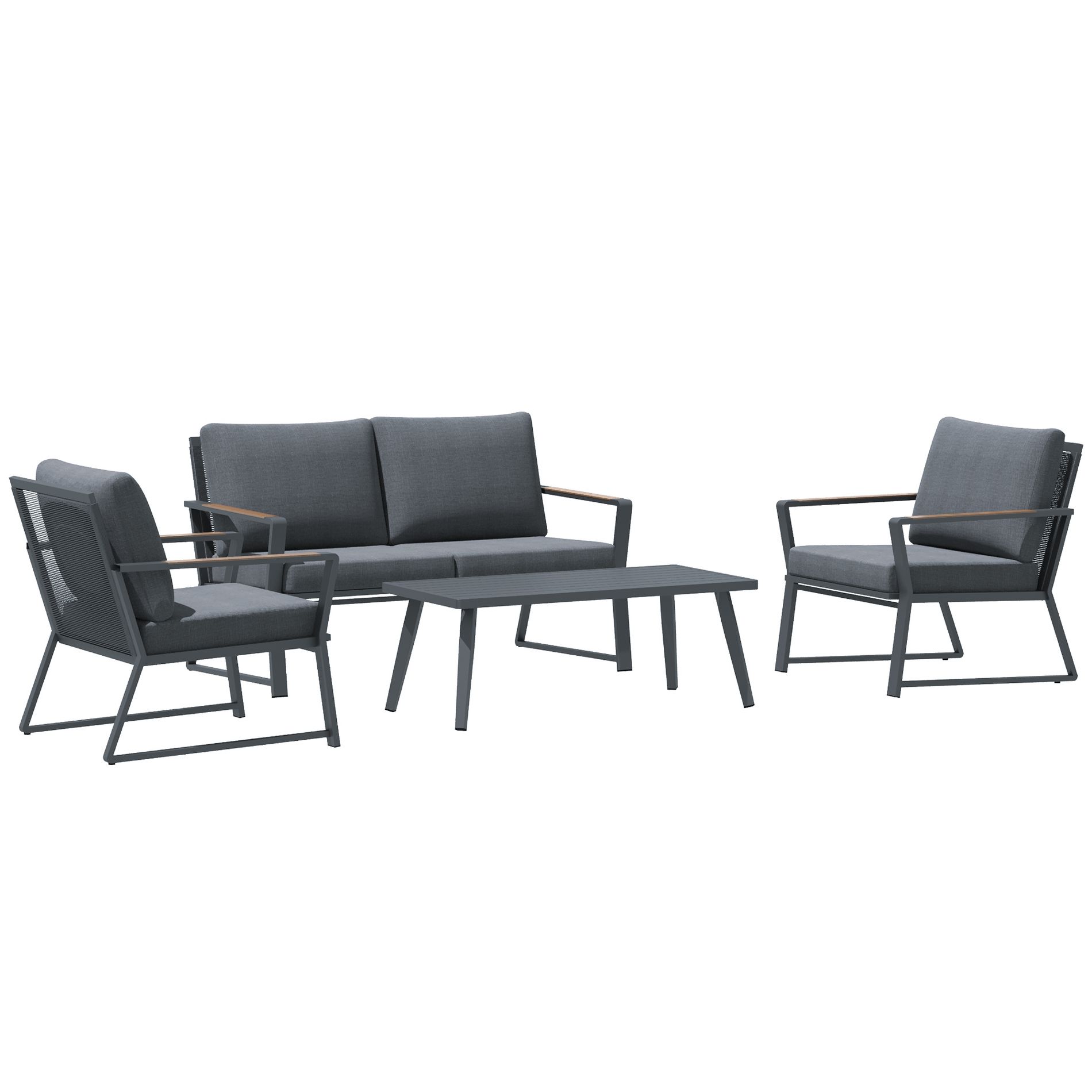 Outsunny 4 Piece Patio Furniture Set, Aluminum Conversation Set, Outdoor Garden Sofa Set with Armchairs, Loveseat, Table and Cushions, Dark Gray