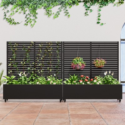 Wooakway Metal Planter Box with Trellis Raised Garden Bed with Arbor Privacy Screen Black/Gray/brown