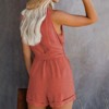 Womens Summer Sleeveless V Neck Romper Waist Belted Shortall Linen Romper Summer Short Jumpsuits Front Button Romper with Pockets - 2 of 4