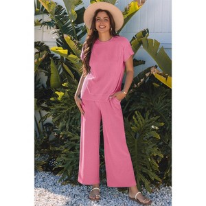 Solid Corded Knit Short Sleeve T Shirt and Wide Leg Pants Set - 1 of 1