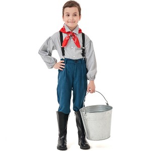 Kids Pioneer Pantset Boys Villager Long Sleeve Top and Overalls Red Headscarf Colonial Shirt - 1 of 4