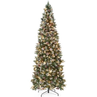 Pre-Lit Slim Xmas Tree with LED Lights, Pine Cones & Snow Flocking - Perfect for Home or Office Decor