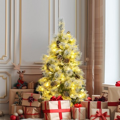 Hrinhom 4FT Pre-Lit Spruce Snow Flocked Christmas Tree with Pine Cones