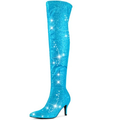 Perphy Women's Glitter Pointed Toe Size Zip Stiletto Heels Over the Knee Boots