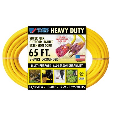 USW 14/3 x 65ft SJTW Yellow Extension Cord w/ Lighted Plugs